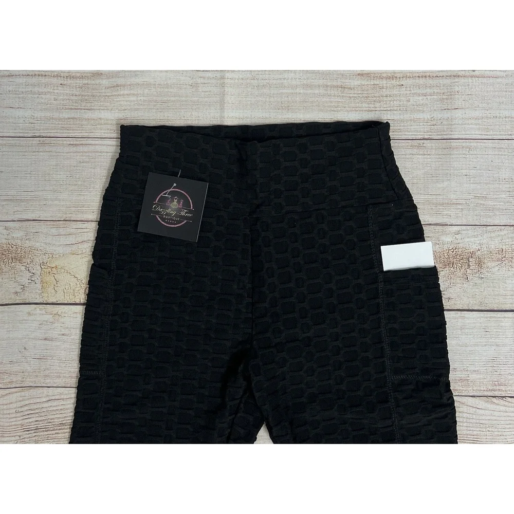 New With POCKETS Black‎ Honeycomb Scrunch Butt Leggings Size S/M Butt Lifting